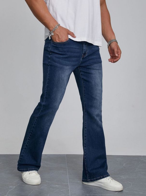 Men's Trendy Stretch Denim Trousers Slim Fit Business Casual Flared Hem Navy Blue_mkmklike.com