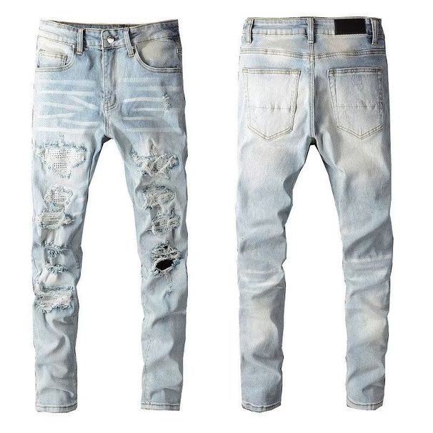 New Stretch Denim Men's Summer Lightweight Distressed Embroidered Slim-fit Ankle-length Light-colored Versatile Pants_mkmklike.com