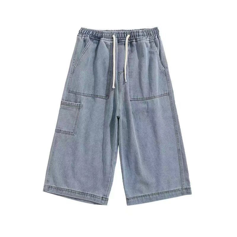 Men's Clothing Summer overalls men's brand loose straight casual cropped pants elastic waist wide leg denim shorts_mkmklike.com