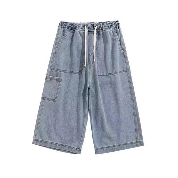 Men's Clothing Summer overalls men's brand loose straight casual cropped pants elastic waist wide leg denim shorts_mkmklike.com