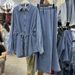 Elegant Denim Shirt & Fishtail Skirt Set – Tie-Waist Slim Fit, Autumn Streetwear Outfit_mkmklike.com