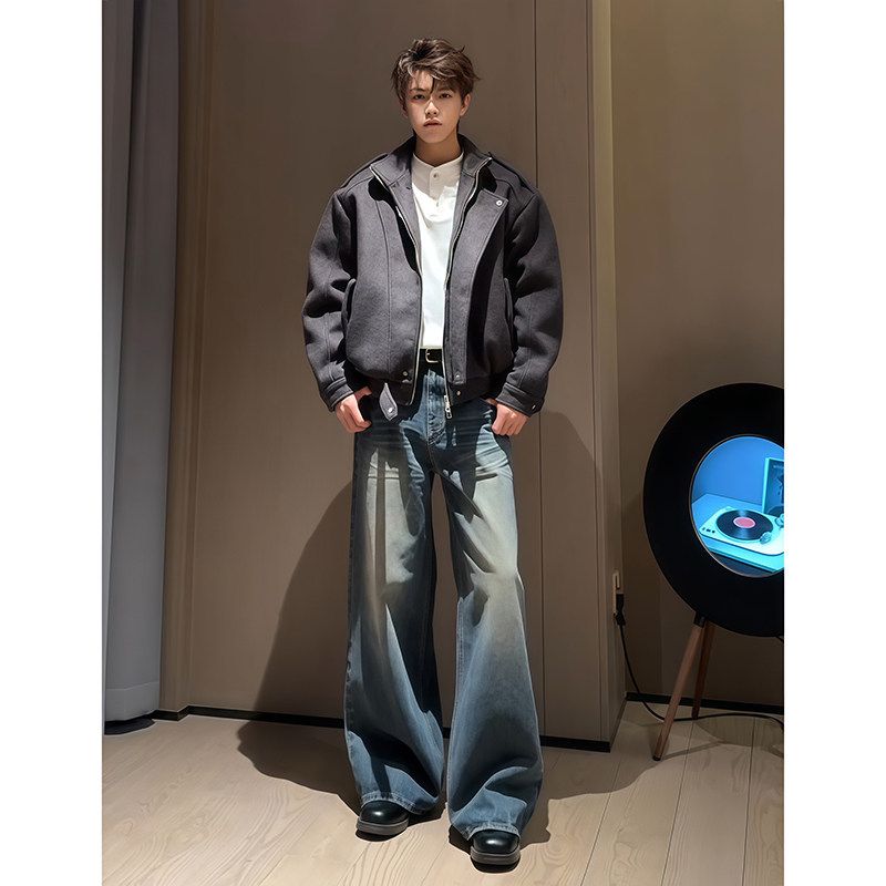 Men's Clothing Retro Blue Jeans For Men, Straight Leg, Loose Fit, Mid High Waist, High Crotch Pullover, Washed, Super Stylish Curved Trousers_mkmklike.com