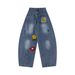 American High Street Floral Patch Flocked Embroidery Scimitar Jeans Men's Vibe Trendy Loose Washed Long Pants_mkmklike.com