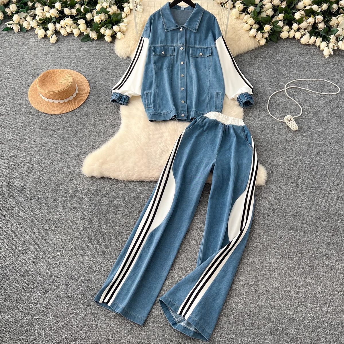 Women's Clothing Casual Fashion Sportswear Two Piece Suit For Women Loose Color Denim Top High Waist Wide Leg Straight Pants Suit_mkmklike.com