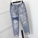 New Plus Size Women's Clothing 200 Pounds Fat MM Nine Point Hole Denim Harem Pants Loose Beggar Nine Point Pants_mkmklike.com