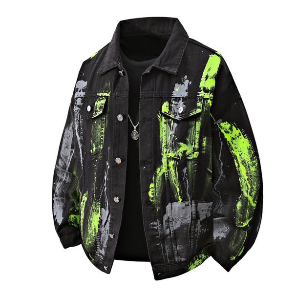 Men's Streetwear Graffiti Print Denim Jacket – Oversized Collar Design, Distressed Casual Coat_mkmklike.com