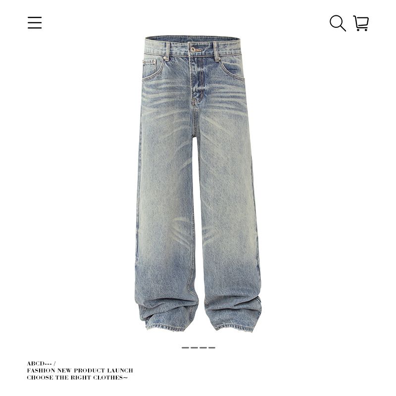 Men's Baggy Washed Distressed Jeans With Cat Whisker Design - Loose Fit Straight Leg Casual Denim Pants_mkmklike.com