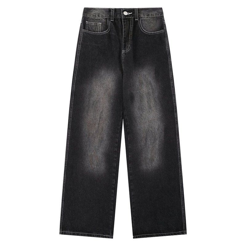 Men's Vintage Washed Straight-Leg Jeans – Relaxed Fit High-Waisted Denim Pants With Distressed Details, Classic Blue & Black (S-XL)_mkmklike.com