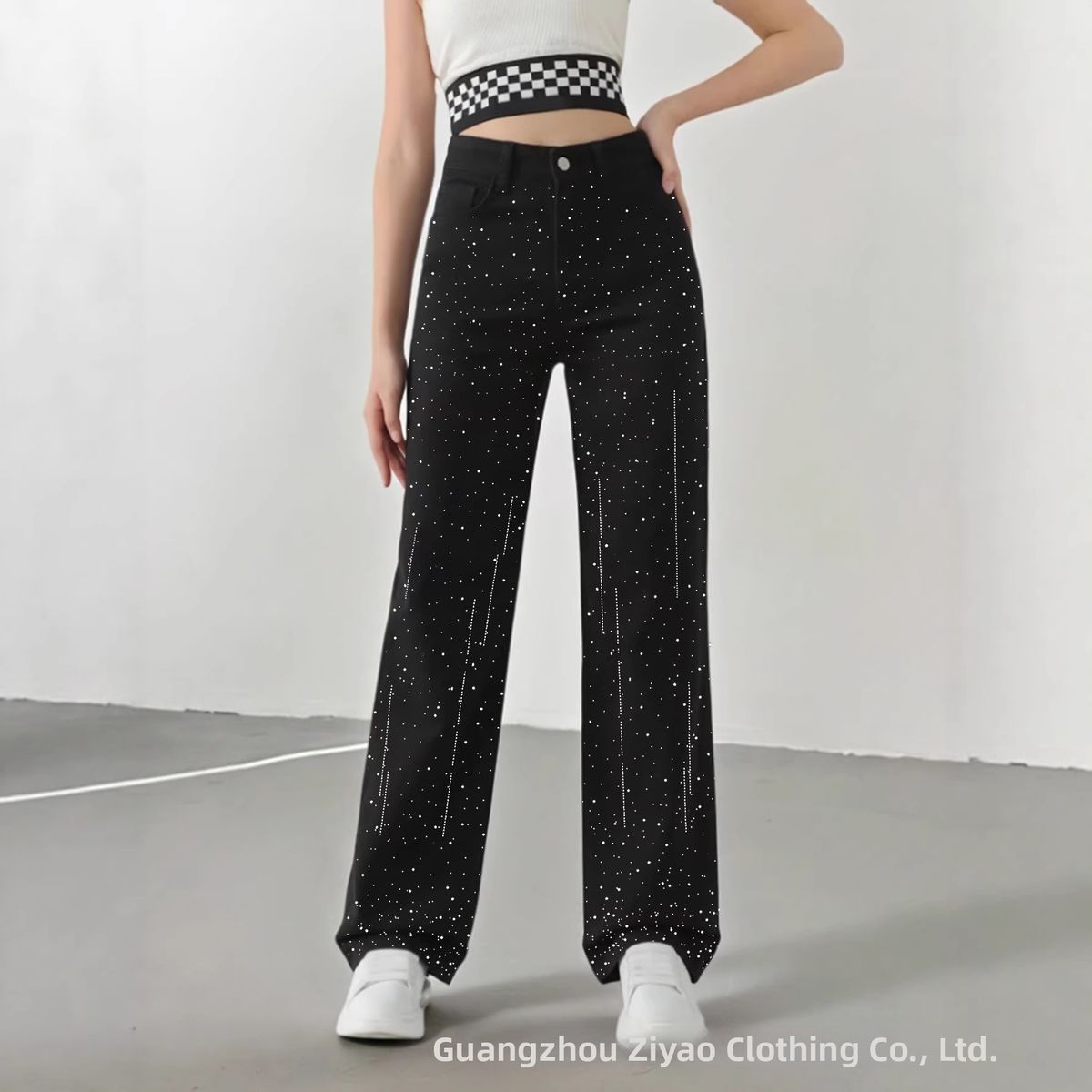 Black Rhinestone Design Straight Leg Jeans for Women Casual Slimming Versatile Autumn Winter Hot Item_mkmklike.com