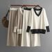 Women's Clothing autumn and winter new V neck contrast color knit sweater loose wide leg pants two piece suit_mkmklike.com