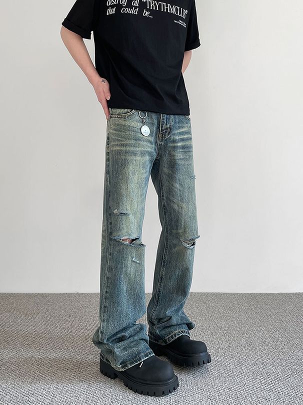 "Vintage Washed Distressed Jeans For Men & Women - Raw Hem Straight To Slightly Flared Denim Pants With Handmade Rips, Retro Streetwear Fashion"_mkmklike.com