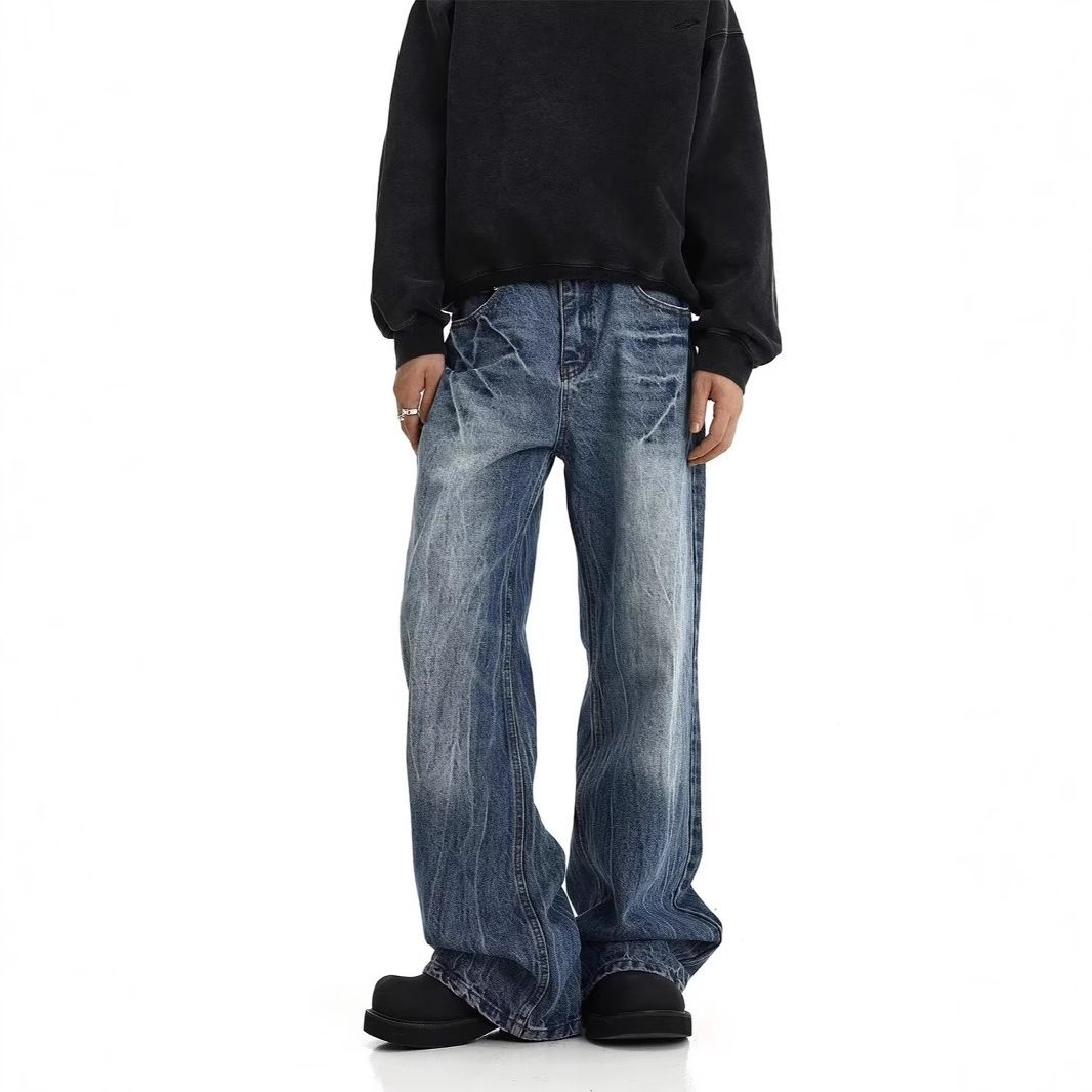 Men's Blue Distressed Straight Leg Bootcut Jeans - High Street Vibe Clean Fit Stretch Denim Pants For Casual Wear_mkmklike.com