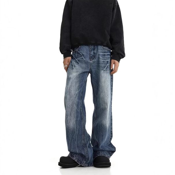 Men's Blue Distressed Straight Leg Bootcut Jeans - High Street Vibe Clean Fit Stretch Denim Pants For Casual Wear_mkmklike.com