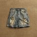 Men's Distressed Denim Shorts – Vintage Washed 5-Pocket Design (Breathable Cotton, Streetwear & Skate Style, Multiple Rips & Fading)_mkmklike.com