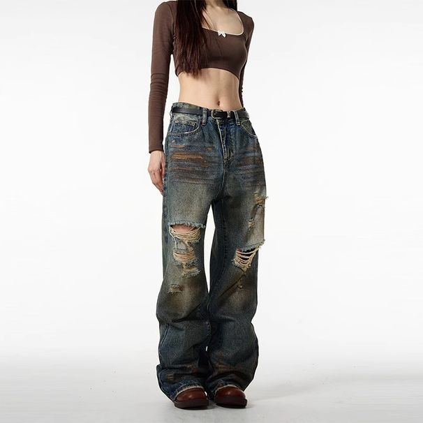 American High Street Retro Ripped Jeans Men's Spring And Autumn New Trendy Brand Ruffian Handsome Fried Street Straight Loose Long Pants_mkmklike.com