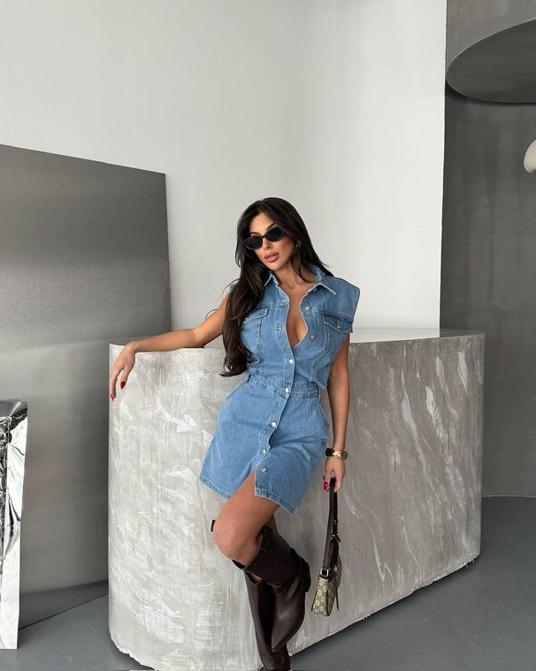 Women's Clothing New Summer Elastic Mid Length Retro Slim Fit Single Breasted Sleeveless Hip Wrapped One Step Denim Dress_mkmklike.com
