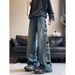 Vintage Distressed Denim Jeans For Men - Retro Washed Blue Relaxed Fit With Faux Rips & Patch Details_mkmklike.com