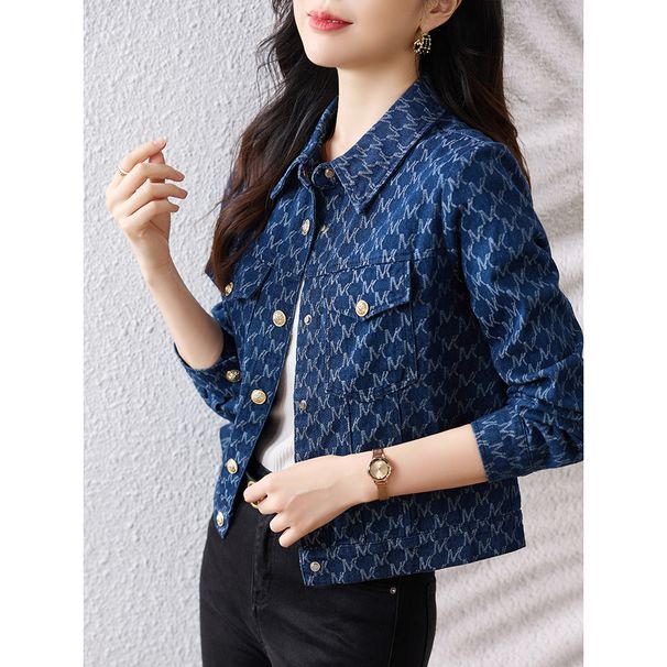 Women's Jacquard Denim Jacket | Oversized Boyfriend Style | Polo Collar Short Coat (Blue) – Fall Essential_mkmklike.com