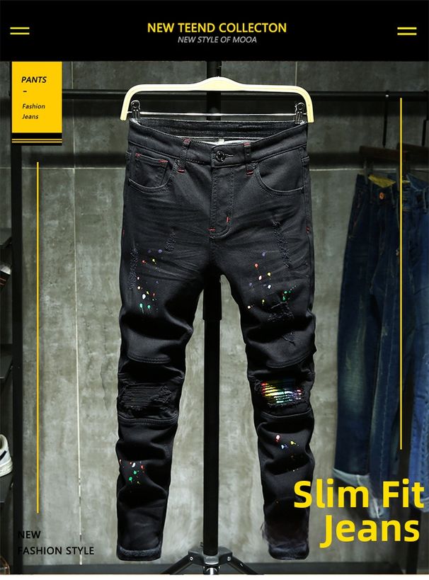 Men's Slim Fit Mid-Waist Fleece Lined Jeans Autumn New Style Ripped Painted Finish_mkmklike.com