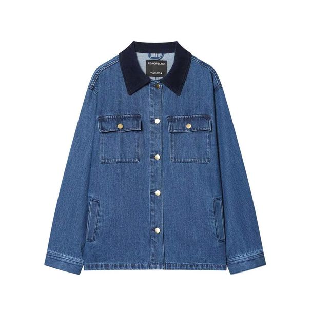 "Retro Corduroy-Collar Denim Jacket For Women – Classic Workwear Style (XS-L, Light Blue)"_mkmklike.com