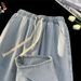 Men's Clothing Retro Style Loose Straight Leg Jeans Thin Summer Trendy Casual Pants With Elastic Waistband New_mkmklike.com