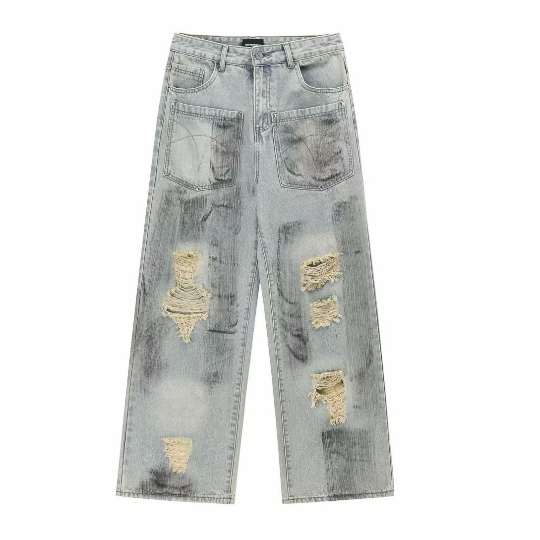 Men's Clothing High Street Retro Washed Distressed Dirty Ripped Jeans Men And Women Trendy Loose Straight Casual Trousers_mkmklike.com