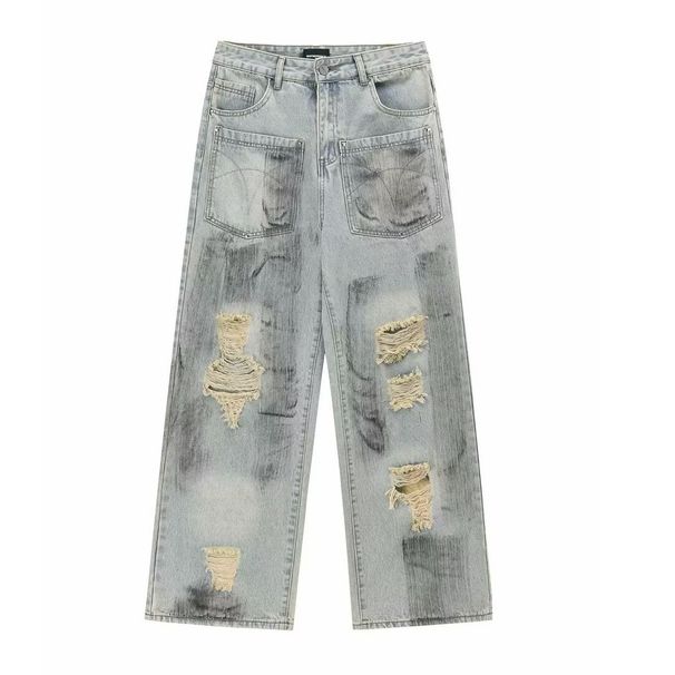 Men's Clothing High Street Retro Washed Distressed Dirty Ripped Jeans Men And Women Trendy Loose Straight Casual Trousers_mkmklike.com