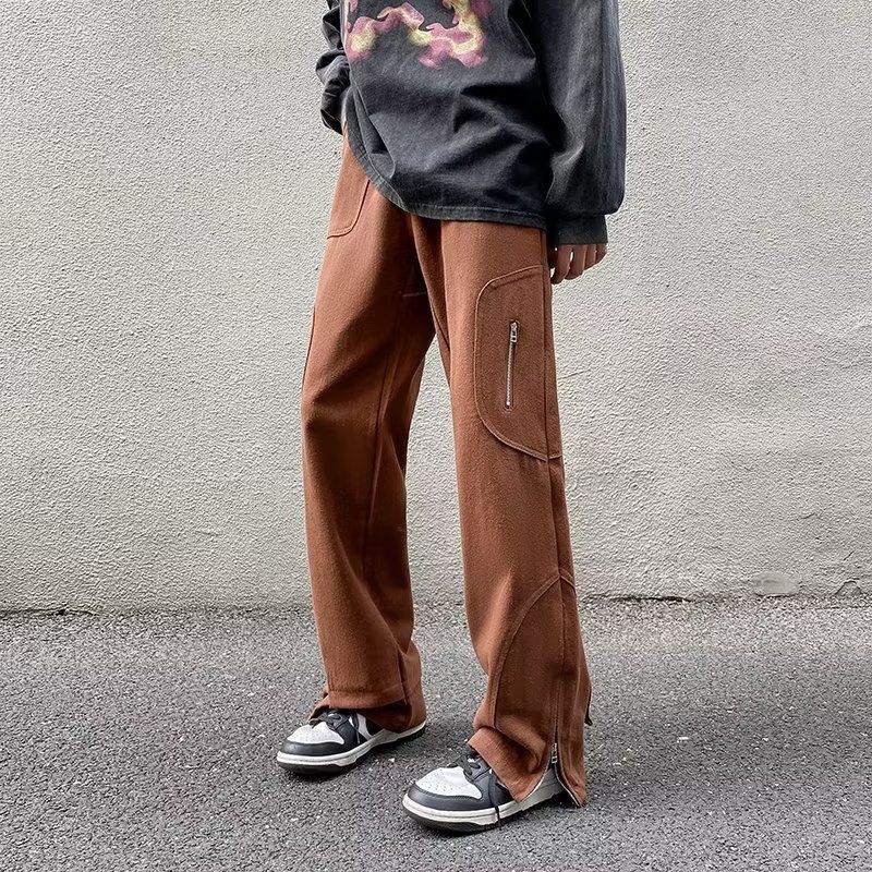 Men's American Retro High-Street Jeans Zip Detail Split Hem Flared Pants Black Brown S-3XL Bulk Discounts_mkmklike.com