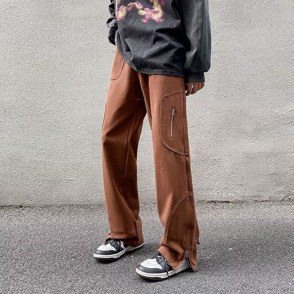Men's American Retro High-Street Jeans Zip Detail Split Hem Flared Pants Black Brown S-3XL Bulk Discounts_mkmklike.com