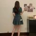 ELLE ELLE Plus Size Hong Kong Style Retro Collar Ribbon Denim Women Summer Slimming Waist Dress For Petite Figures_mkmklike.com