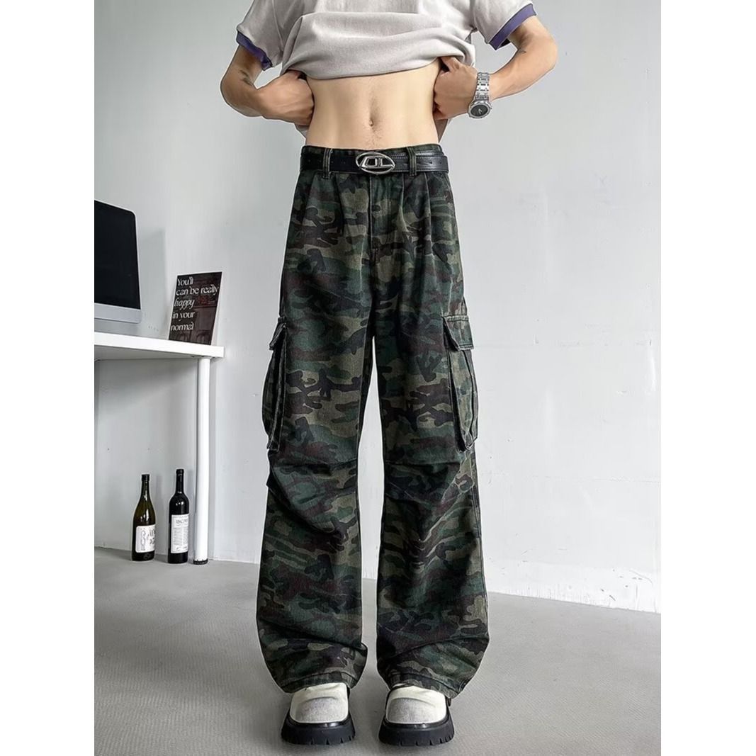 Vintage American Camouflage Cargo Jeans For Men & Women - High Street Baggy Denim Pants With Multi-Pockets & Stacked Hem_mkmklike.com