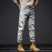 Men's Distressed Washed Jeans - Vintage Light Blue Ripped Slim Straight Denim Pants With Artistic Splatter & Stretch Comfort_mkmklike.com