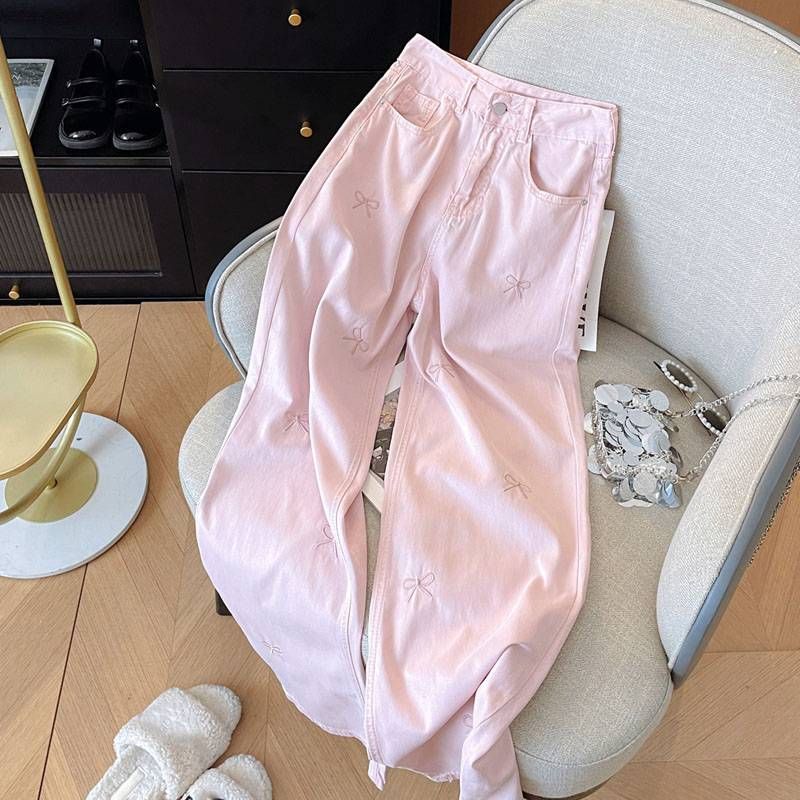 Women's embroidered flower bow cool and drapey high-waisted straight loose slimming denim trousers_mkmklike.com
