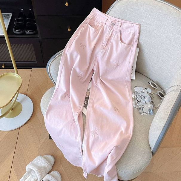 Women's embroidered flower bow cool and drapey high-waisted straight loose slimming denim trousers_mkmklike.com