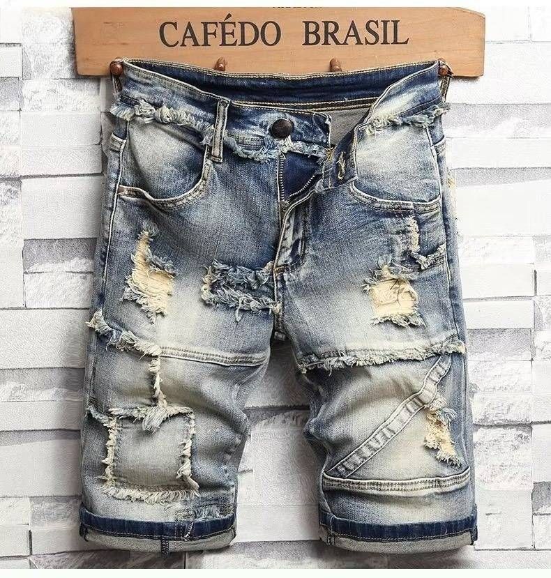 Men's Clothing Summer Denim Shorts Thin Stretch Medium Pants Ripped And Scratched Five Quarter Pants_mkmklike.com