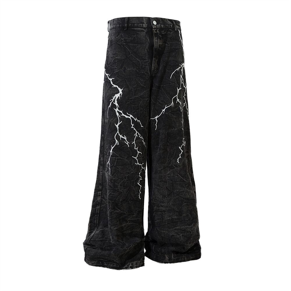Heavy Embroidery Wide-Leg Jeans Men's American Style Trendy High Street Washed Casual Loose Dark Pattern Dad Pants_mkmklike.com