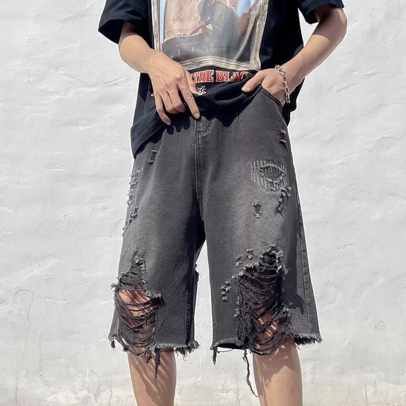 Men's Distressed Denim Shorts - Urban Hip Hop Baggy Ripped Shorts With Frayed Hem, Vintage Washed Summer Shorts_mkmklike.com