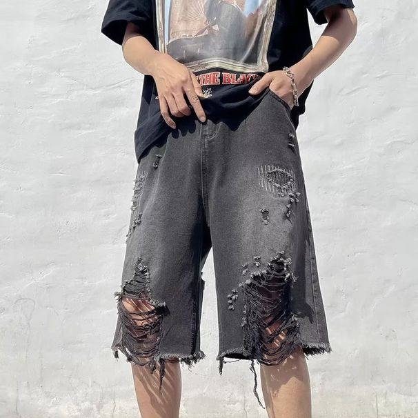 Men's Distressed Denim Shorts - Urban Hip Hop Baggy Ripped Shorts With Frayed Hem, Vintage Washed Summer Shorts_mkmklike.com