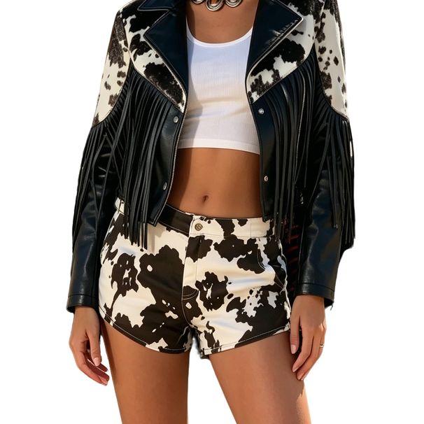 Women's Unique Cow Print Stretch Denim Shorts Fashion Hot Girl Style_mkmklike.com