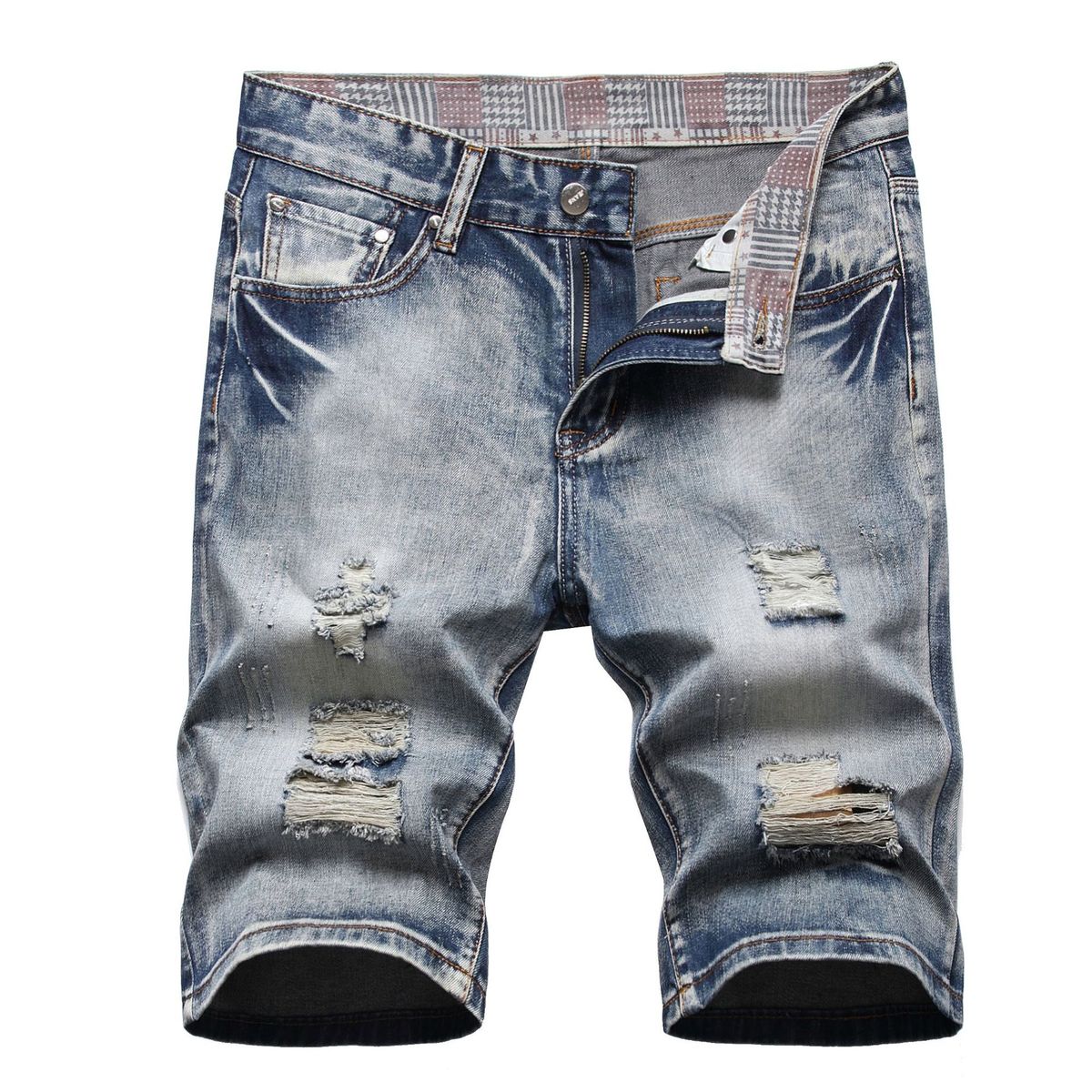Vintage Distressed Denim Shorts For Men – High Street Fashion 5-Inch Inseam Summer Jeans With Raw Hem & Ripped Details_mkmklike.com