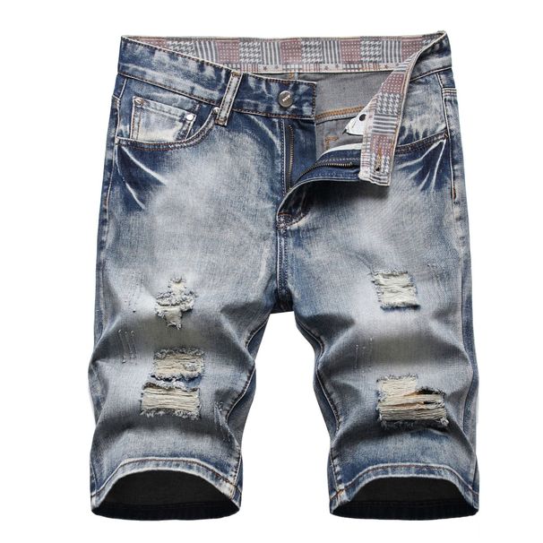 Vintage Distressed Denim Shorts For Men – High Street Fashion 5-Inch Inseam Summer Jeans With Raw Hem & Ripped Details_mkmklike.com