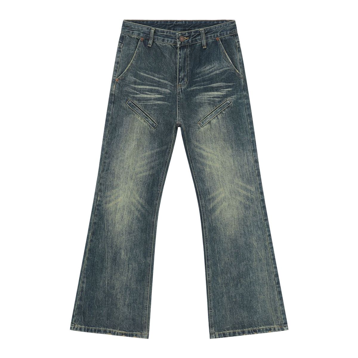 Vintage Washed Denim Jeans Relaxed Fit Retro Bootcut Pants for Men 90s Street Style Distressed Detailing Non-Stretch Cotton Blend_mkmklike.com