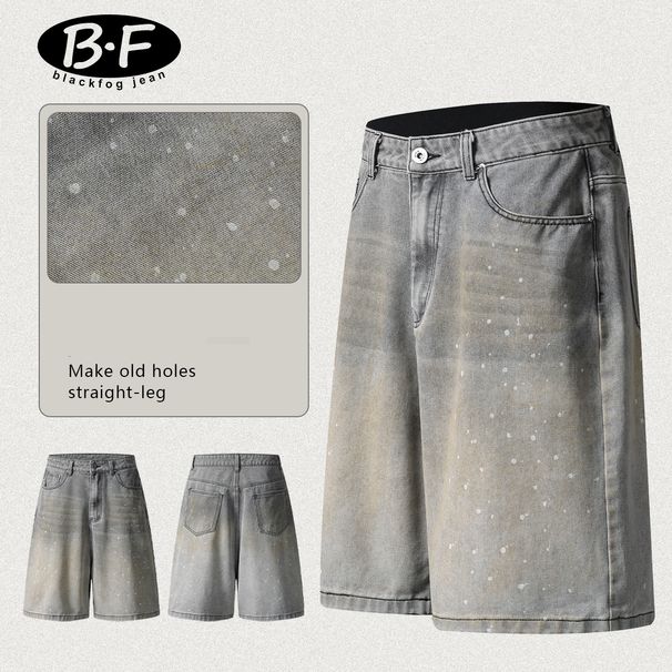 Men's Clothing Retro Washed Distressed Ink Splashed Jeans High Street Personality Loose Wide Leg Shorts_mkmklike.com