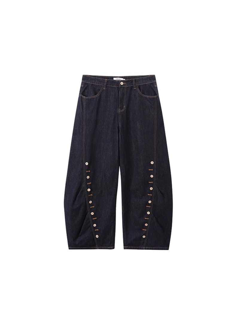 High Street Blue Denim Pants With Button Details - Oversized Flared Jeans For Men & Women, Vintage Washed Wide Leg Streetwear Trousers_mkmklike.com