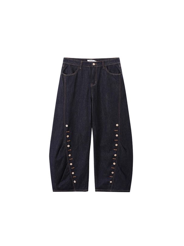 High Street Blue Denim Pants With Button Details - Oversized Flared Jeans For Men & Women, Vintage Washed Wide Leg Streetwear Trousers_mkmklike.com