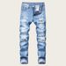 Men's Distressed Straight Leg Slim Fit Jeans Midweight Non-Stretch Heavy Ripped Mid Waist Long Trousers Black Blue_mkmklike.com