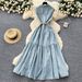 "Sleeveless Denim Dress With Metal Buckle Collar – Slim Fit, Mid-Length Summer Dress (Light Blue/Black, S/M/L/XL)"_mkmklike.com