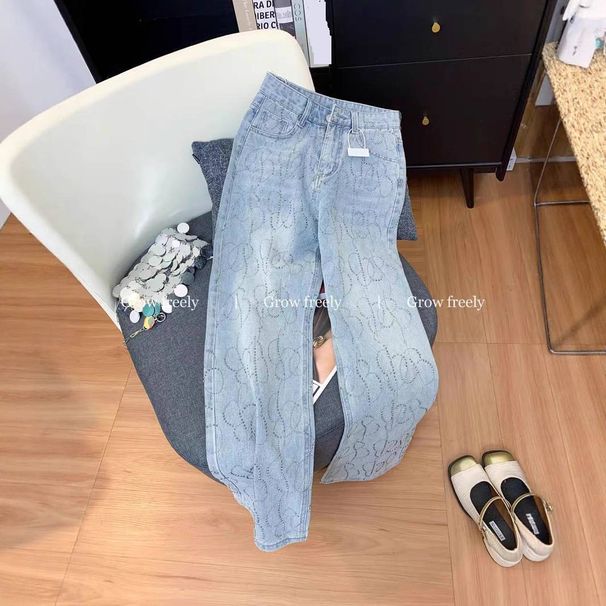 Women's Clothing Women's European Style Heavy Duty Rhinestone Straight Leg Jeans High Waisted Slim Fit Summer Slimming Hip Covering Floor Length Pants_mkmklike.com