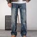Men's Vintage Distressed Jeans, Streetwear Baggy Denim Pants With Graphic Print, Loose Fit High Waist Straight Leg For Casual & Urban Style_mkmklike.com