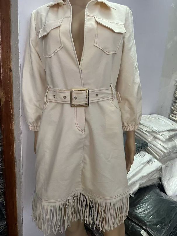 K Western Style V-neck Puffy Sleeve Fringed Dress For Women; Short Skirt With A Belt To Accentuate The Waist; Slimming Faux Denim Dress_mkmklike.com